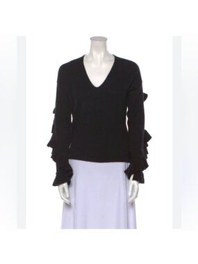 LEWIT Ruffle Sleeve 100% Cashmere black SweaterRuffle Sleeve V Neck XL